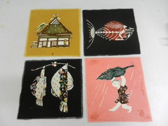 Vintage 4 Wax Resist Paintings On Fabric    (DE29)