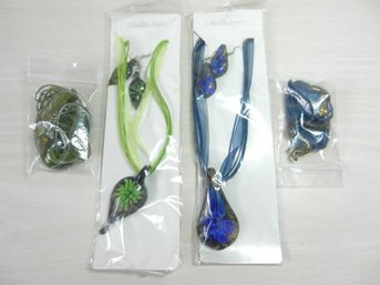 Vintage 4 Blue/green Fused Glass Arte Glass Necklaces On Ribbons  BNWT  (DE66)