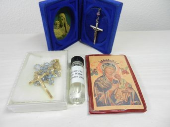 Vintage Religious Lot 2 Crucifixes,2004 Holy Water Bottle, Novena Leaflet   (DE72)