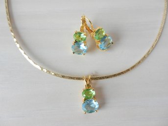 Vintage Joan Rivers Blue And Green Rhinestone Necklace And Pierced Earrings   (DT1)