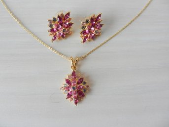 Vintage Joan Rivers Pinks And Reds Rhinestone Pendant Chain And Pierced Earrings   (DT2)