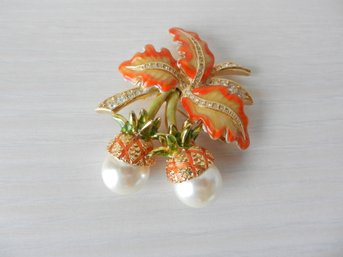 Vintage Joan Rivers Orange Faux Pearl Acorn Brooch   (DT3)