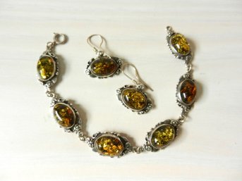 Vintage Sterling Silver And Amber Bracelet And Earrings Signed V8   (DT14)