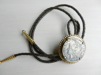 Vintage 1881 Morgan Silver Dollar Bolo Tie On Braided Leather   (DP1)