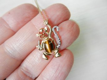 Vintage 10k Gold Monkey Pendant With Tigers Eye On 10k Gold Chain  (DE15)