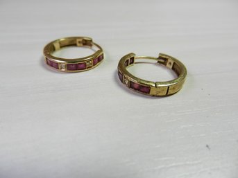 Vintage 14k Gold Hoop Hinged Earrings With Diamonds And Ruhies  (DE26)