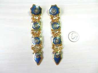 Vintage Edgar Berebi Signed Long Dangle Enamel Earrings With Stones   (DE34)