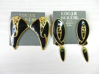 Vintage 2 Pairs Edgar Berebi Signed Black And Gold Tone Enamel Earrings   (DE35)