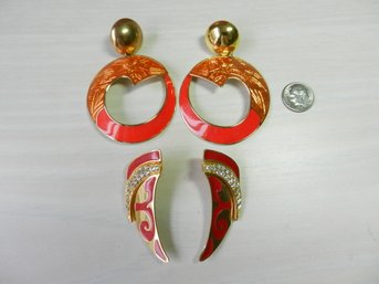 Vintage 2 Pairs Edgar Berebi Signed Red And Gold Tone Enamel Earrings   (DE36)