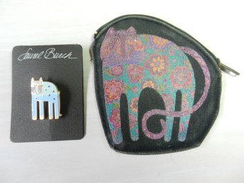 Vintage 80s Pastel Laurel Burch Cat Brooch And Coin Purse   (DE39)