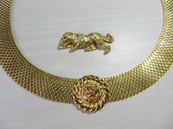 Vintage Runway Gold Tone Lions Head Choker And Panther Rhinestone Brooch   (DE41)