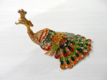 Vintage  Enamel And Rhinestone Hinged Trinket Box  Peacock   (DP11)