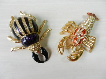 Vintage 2 Enamel And Rhinestone Hinged Trinket Boxes  Scorpion And Pincer Bug   (DP12)