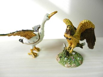 Vintage 2 Enamel And Rhinestone Hinged Trinket Boxes  Eagle And Goose   (DP13)