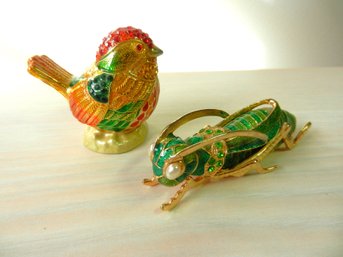 Vintage 2 Enamel And Rhinestone Hinged Trinket Boxes  Grasshopper And Rucinni Bird  (DP15)