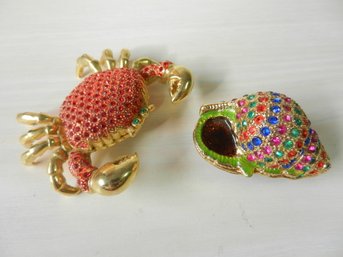 Vintage 2 Enamel And Rhinestone Hinged Trinket Boxes  Shell And Crab   (DP14)