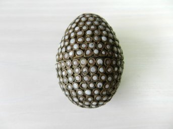Vintage Metal Egg Shaped Box With Opaque White Stone Inlay Pattern   (DP17)