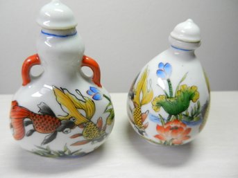 Vintage 2 Porcelain Snuff Bottles With Hand Painted Fish Design  Signed Underneath  (DP25)