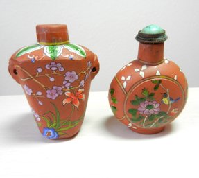 Vintage 2 Earthenware Snuff Bottles With Glazed Flowers And Birds (DP30)