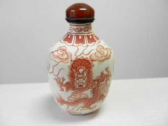 Vintage Red And White Dragon Enamel On Copper Snuff Bottle With Mark Underneath (DP36)