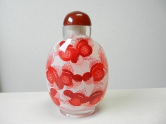 Vintage Glass Snuff Bottle Reverse Painted  Fish, Red And White   (DP48)