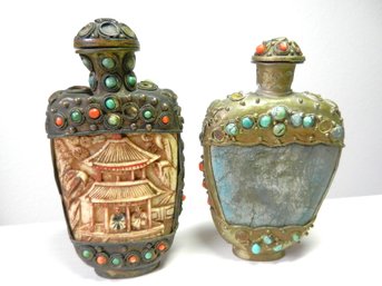 Vintage 2 Metal And Stone And Carved Resin Snuff Bottles   (DP53)