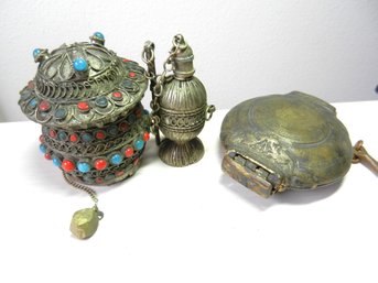 Vintage 3 Metal Items Inc Tibetan Prayer Wheel With Scroll, Brass Lime Box  (DP55)