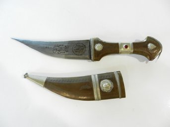 Vintage Middle Eastern/African Curved Dagger In Sheath Brass/silver Trim Red Cabochon  (DP93)