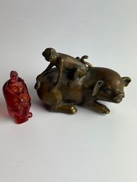 WB 15-9 Chinese Brass Pig And Monkey Figure Plus Perspex Monkey Snuff Bottle