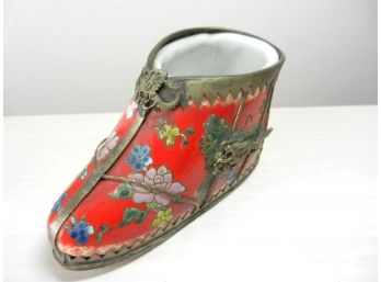 Vintage Red Porcelain And Metal Cage Lotus Shoe -  Makers Mark   (DP71)