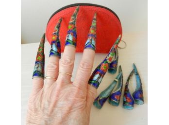 Vintage 10 Enamel Nail Guard Protectors In Red Satin Zip Bag   (DP67)