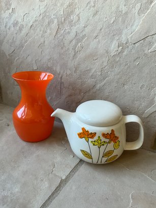 Vintage Teapot And Orange Vase