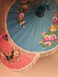 2 Mini 1 Pink And 1 Blue Cloth Umbrella Flowers Paint Butterflies N . Thai Style