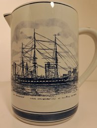 G.K.B. Delft Blue & White Large Pitcher USS CONSTITUTION BOSTON HARBOR Hand Pntd