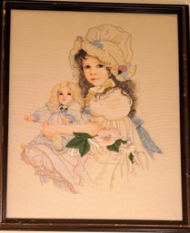 Signed Vintage 'Addie & Baby Doll' Finished Matted Embroidery 14' X 17