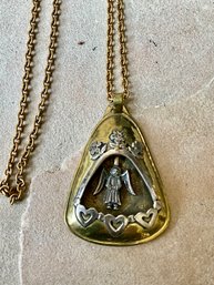Signed Brass And Sterling Pendant With Angel