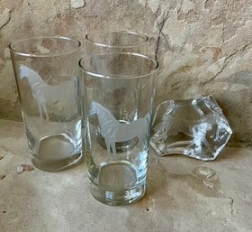 3 Etched Horse Glasses And Glass Horse Paperweight