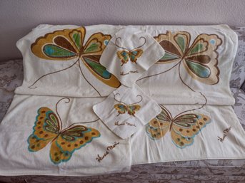 Vintage Hanae Mari Yellow Butterfly Towel Set
