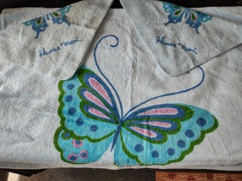 Vintage Hanae Mari Blue Butterfly Towel Set