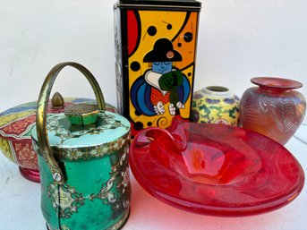 Art Glass And Vintage Tins