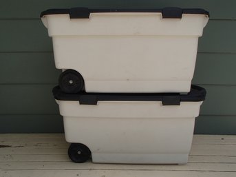 Two 45 Gal Rubbermaid Storage Totes With Wheels