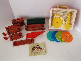 Fisher Price Record Player And Paul Bunyan Log Building Set