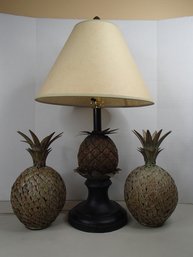 Pineapple Lamp And Two Metal Decorative Pineapples