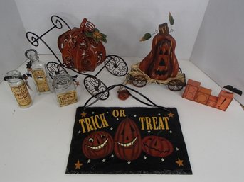 Trick Or Treat Slate Sign , Metal Pumpkin Carriage And Spooky Bottles