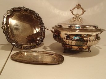 BM Co.  And Oneida Silver Plate Dish And Tray / Eton Electric Covered Warming Dish