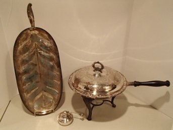 Vintage Ornate Chafing Dish With Handle / Silver-plate Leaf  Serving Tray