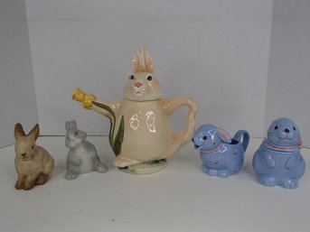 Vintage Bunny Teapot, Blue Bunny Cream And Sugar By Otagiri, Ceramic Gray And Brown Bunny