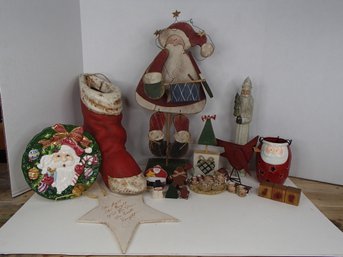 Christmas Items Including A Large Decoupage Stocking And Santa Made By Simply Woods