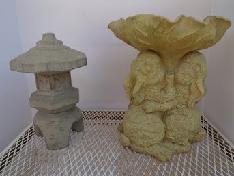 Small Cement Pagoda And Bunny Feeder