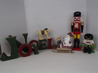 Wood Joy And Noel Words, Nutcracker,  Iridescent Santa On His Sleigh And Resin Yellow Dog